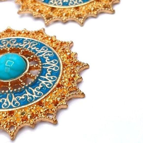 Yellow Gold with Turquoise and Blue Enamel Round Drop Hinge Hook Earrings - Picture 5 of 7